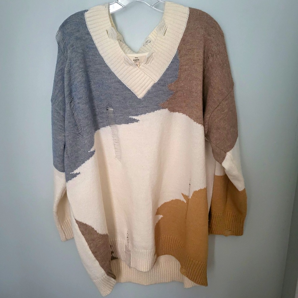 Entro Women Oversized Large V-Neck Colorblock Knit Distressed Pullover Sweater